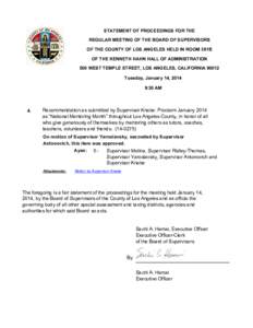 STATEMENT OF PROCEEDINGS FOR THE REGULAR MEETING OF THE BOARD OF SUPERVISORS OF THE COUNTY OF LOS ANGELES HELD IN ROOM 381B OF THE KENNETH HAHN HALL OF ADMINISTRATION 500 WEST TEMPLE STREET, LOS ANGELES, CALIFORNIA 90012