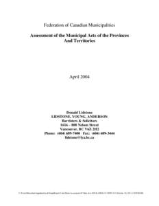 Federation of Canadian Municipalities Assessment of the Municipal Acts of the Provinces And Territories April 2004