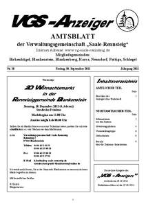 VGS-Anzeiger AMTSBLATT der Verwaltungsgemeinschaft „Saale-Rennsteig“ Internet Adresse: www.vg-saale-rennsteig.de Mitgliedsgemeinden: