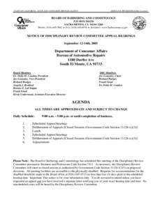 Notice of Disciplinary Review Committee Appeal Hearings - September 12-14, [removed]Board of Barbering and Cosmetology