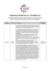 FREEDOM OF INFORMATION LOG – SEPTEMBER 2013 The Office of the PCC publish an outline of Freedom of Information requests and the responses provided and are listed by the date responded. Date Responded