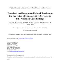 Original Research Article in Women’s Health Issues – Author Version  Perceived and Insurance-Related Barriers to the Provision of Contraceptive Services in U.S. Abortion Care Settings Megan L. Kavanaugh, DrPH *, Rach