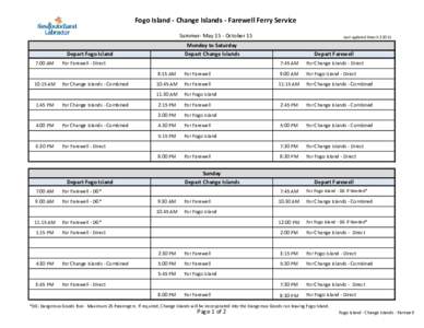 Fogo Island - Change Islands - Farewell Ferry Service Summer- May 15 - October 15 Monday to Saturday Depart Change Islands  Depart Fogo Island