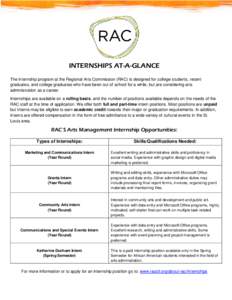 INTERNSHIPS AT-A-GLANCE The internship program at the Regional Arts Commission (RAC) is designed for college students, recent graduates, and college graduates who have been out of school for a while, but are considering 