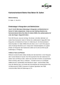 Kantonalverband Steine Kies Beton St. Gallen Medienmitteilung St. Gallen, 31. Mai 2013 Erlebnistage in Kiesgruben und Steinbrüchen Vom 21. bis 28. Mai haben Erlebnistage in Kiesgruben und Steinbrüchen im