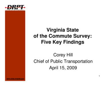 Virginia State of the Commute Survey: Five Key Findings Corey Hill Chief of Public Transportation April 15, 2009