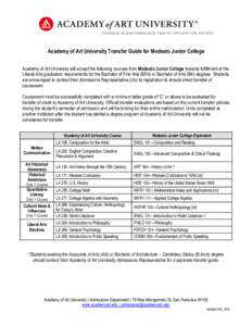 Academy of Art University Transfer Guide for Modesto Junior College Academy of Art University will accept the following courses from Modesto Junior College towards fulfillment of the Liberal Arts graduation requirements 
