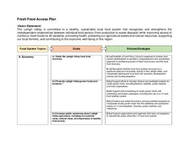 Fresh Food Access Plan Vision Statement: The Lehigh Valley is committed to a healthy, sustainable local food system that recognizes and strengthens the interdependent relationships between individual food sectors (from p