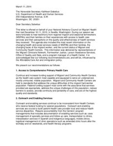 National Advisory Council on Migrant Health letter to the Secretary of Health & Human Services March 11, 2014