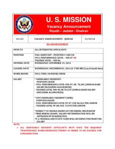 U. S. MISSION Vacancy Announcement Riyadh – Jeddah - Dhahran[removed]VACANCY ANNOUNCEMENT - JEDDAH