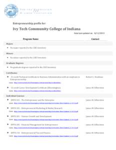 Entrepreneurship	profile	for:  Ivy	Tech	Community	College	of	Indiana Data	last	updated	on: [removed]  																						Program	Name