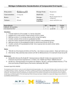 Michigan Collaborative Standardization of Compounded Oral Liquids Drug name: Sildenafil  Dosage Form: