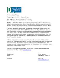 Microsoft Word - Media Release re City of Dryden 2013 Audited Financial Statements and 6 month Financial Report.docx