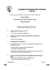 ASSEMBLÉE PARLEMENTAIRE PARITAIRE ACP-UE Commission des affaires sociales et de l’environnement PROCÈS-VERBAL de la réunion du 26 mai 2012, de 10 heures à 12 h 30 Horsens (Danemark)