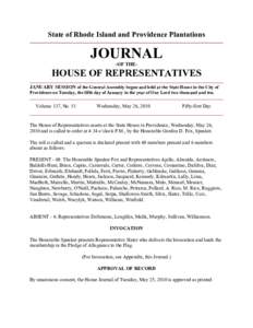 State of Rhode Island and Providence Plantations  JOURNAL -OF THE-  HOUSE OF REPRESENTATIVES