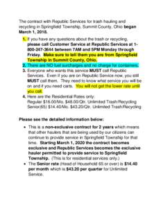 The contract with Republic Services for trash hauling and recycling in Springfield Township, Summit County, Ohio began March 1, If you have any questions about the trash or recycling, please call Customer Servic