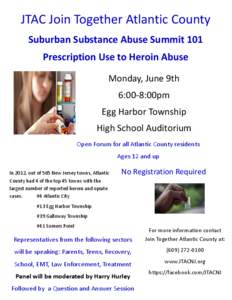 JTAC Join Together Atlantic County Suburban Substance Abuse Summit 101 Prescription Use to Heroin Abuse Monday, June 9th 6:00-8:00pm Egg Harbor Township