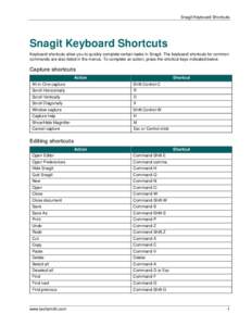 Snagit Keyboard Shortcuts  Snagit Keyboard Shortcuts Keyboard shortcuts allow you to quickly complete certain tasks in Snagit. The keyboard shortcuts for common commands are also listed in the menus. To complete an actio