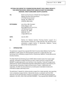 NC DHSR SHCC: Petition for Support of a Demonstration Project for a Single Specialty, Two Operating Room, Ambulatory Surgical Facility in Buncombe, Madison, Yancey (Buncombe County) Counties