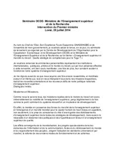 Séminaire OCDE- Ministère de l’Enseignement supérieur et de la Recherche Intervention du Premier ministre Lomé, 29 juillet[removed]Au nom du Chef de l’Etat, Son Excellence Faure Essozimna GNASSINGBE et de