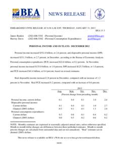 NEWS RELEASE EMBARGOED UNTIL RELEASE AT 8:30 A.M. EST, THURSDAY, JANUARY 31, 2013 BEA 13-3 James Rankin Harvey Davis