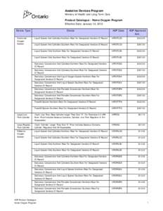 Assistive Devices Program Ministry of Health and Long-Term Care Product Catalogue - Home Oxygen Program Effective Date: January 10, 2012 Device Type Exertional