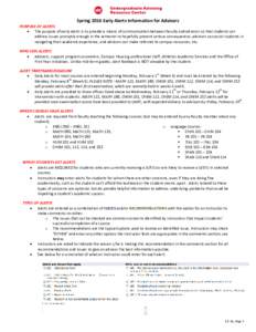 Spring 2016 Early Alerts Information for Advisors  PURPOSE OF ALERTS • The purpose of early alerts is to provide a means of communication between faculty and advisors so that students can address issues promptly enough