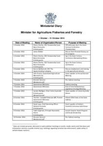 Ministerial Diary: Minister for Agriculture, Fisheries and Forestry