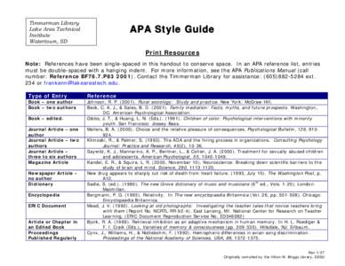 Timmerman Library Lake Area Technical Institute Watertown, SD  APA Style Guide
