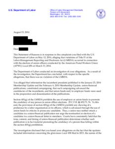 U.S. Department of Labor  Office of Labor-Management Standards Division of Enforcement Washington, DC[removed]0143 Fax: ([removed]