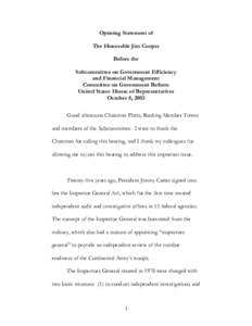 Opening Statement of The Honorable Jim Cooper Before the Subcommittee on Government Efficiency and Financial Management Committee on Government Reform