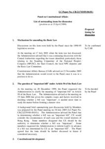 LC Paper No. CB[removed]) Panel on Constitutional Affairs List of outstanding items for discussion (position as at 19 April[removed]Proposed timing for