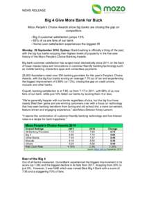 NEWS RELEASE  Big 4 Give More Bank for Buck Mozo People’s Choice Awards show big banks are closing the gap on competitors - Big 4 customer satisfaction jumps 13%