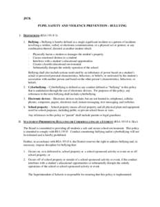 JICK PUPIL SAFETY AND VIOLENCE PREVENTION - BULLYING I. DEFINITIONS (RSA 193-F:3): 1. Bullying – Bullying is hereby defined as a single significant incident or a pattern of incidents involving a written, verbal, or ele