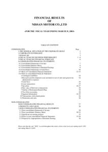 FINANCIAL RESULTS OF NISSAN MOTOR CO.,LTD <FOR THE FISCAL YEAR ENDING MARCH 31, 2003>  TABLE OF CONTENTS