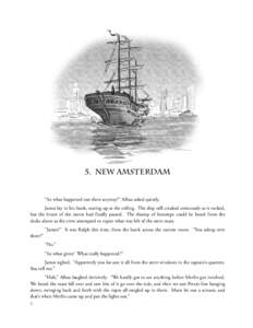 5. New Amsterdam  “So what happened out there anyway?” Albus asked quietly. James lay in his bunk, staring up at the ceiling. The ship still creaked ominously as it rocked, but the brunt of the storm had finally pass