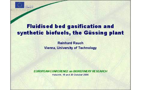 Fluidised bed gasification and synthetic biofuels, the Güssing plant Reinhard Rauch Vienna, University of Technology  EUROPEAN CONFERENCE on BIOREFINERY RESEARCH