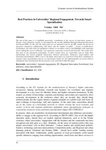 European Journal of Interdisciplinary Studies  Best Practices in Universities’ Regional Engagement. Towards Smart Specialisation Cristina ŞERBĂNICĂ “Constantin Brâncoveanu” University of Piteşti, Romania