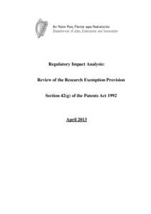 Regulatory Impact Analysis:  Review of the Research Exemption Provision Section 42(g) of the Patents Act 1992