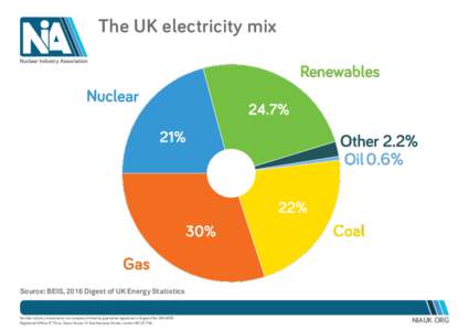 The UK electricity mix  Source: BEIS, 2016 Digest of UK Energy Statistics Nuclear Industry Association is a company limited by guarantee registered in England NoRegistered Office: 5th Floor, Tower House, 10 So