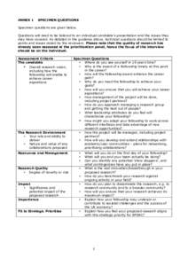 ANNEX 1  SPECIMEN QUESTIONS Specimen questions are given below. Questions will need to be tailored to an individual candidate’s presentation and the issues they