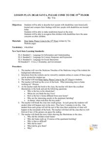 LESSON PLAN: DEAR SANTA, PLEASE COME TO THE 19TH FLOOR By: Yin Objectives: Students will be able to describe how people with disabilities were historically treated and compare their findings with how people with disabili