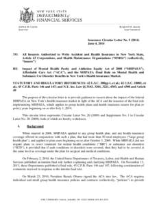 Insurance Circular Letter No[removed]): Impact of Mental Health Parity and Addiction Equity Act of 2008 (“MHPAEA”), Affordable Care Act (“ACA”), and the MHPAEA Final Rule on Mental Health and Substance Use Disord