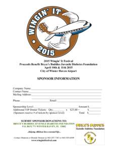 2015 Wingin’ It Festival Proceeds Benefit Bryce’s Buddies Juvenile Diabetes Foundation April 10th & 11th 2015 City of Winter Haven Airport  SPONSOR INFORMATION