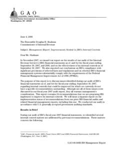 GAO-08-368R Management Report: Improvements Needed in IRS's Internal Controls
