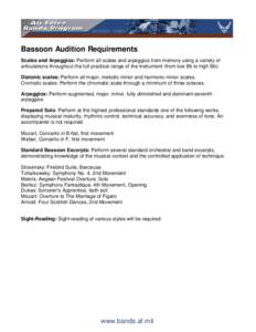 Bassoon Audition Requirements Scales and Arpeggios: Perform all scales and arpeggios from memory using a variety of articulations throughout the full practical range of the instrument (from low Bb to high Bb). Diatonic s