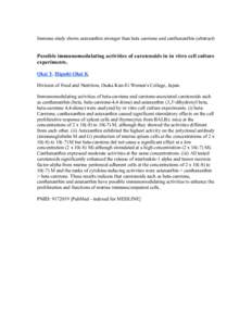 Immune study shows astaxanthin stronger than beta carotene and canthaxanthin (abstract)  Possible immunomodulating activities of carotenoids in in vitro cell culture experiments. Okai Y, Higashi-Okai K. Division of Food 