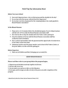 Field Trip Day Information Sheet Before You Leave School