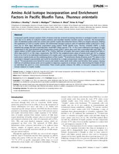 Amino Acid Isotope Incorporation and Enrichment Factors in Pacific Bluefin Tuna, Thunnus orientalis Christina J. Bradley1*, Daniel J. Madigan2,3, Barbara A. Block4, Brian N. Popp5 1 Department of Oceanography, University