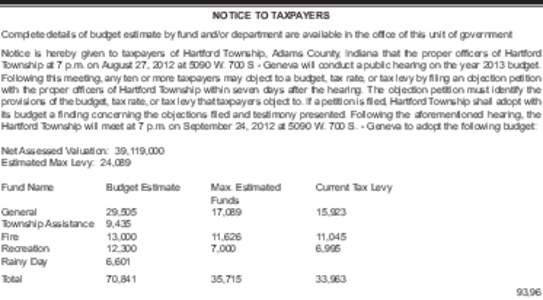 NOTICE TO TAXPAYERS Complete details of budget estimate by fund and/or department are available in the office of this unit of government Notice is hereby given to taxpayers of Hartford Township, Adams County, Indiana tha